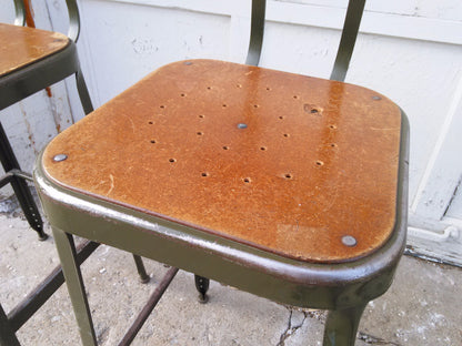 VINTAGE GREEN LYON STOOL PRESSED DOVE GRAY WOOD OVER STEEL SEAT ADJUSTABLE BACK