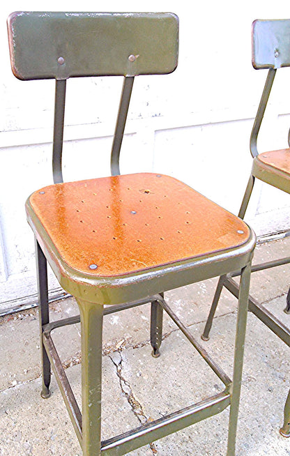 VINTAGE GREEN LYON STOOL PRESSED DOVE GRAY WOOD OVER STEEL SEAT ADJUSTABLE BACK