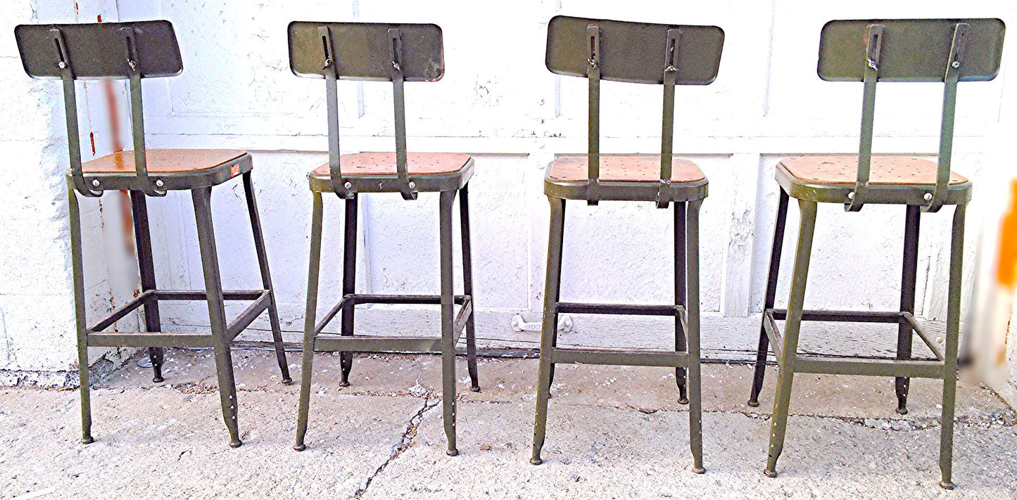 VINTAGE GREEN LYON STOOL PRESSED DOVE GRAY WOOD OVER STEEL SEAT ADJUSTABLE BACK