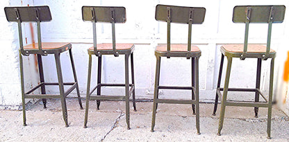 VINTAGE GREEN LYON STOOL PRESSED DOVE GRAY WOOD OVER STEEL SEAT ADJUSTABLE BACK