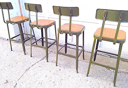 VINTAGE GREEN LYON STOOL PRESSED DOVE GRAY WOOD OVER STEEL SEAT ADJUSTABLE BACK