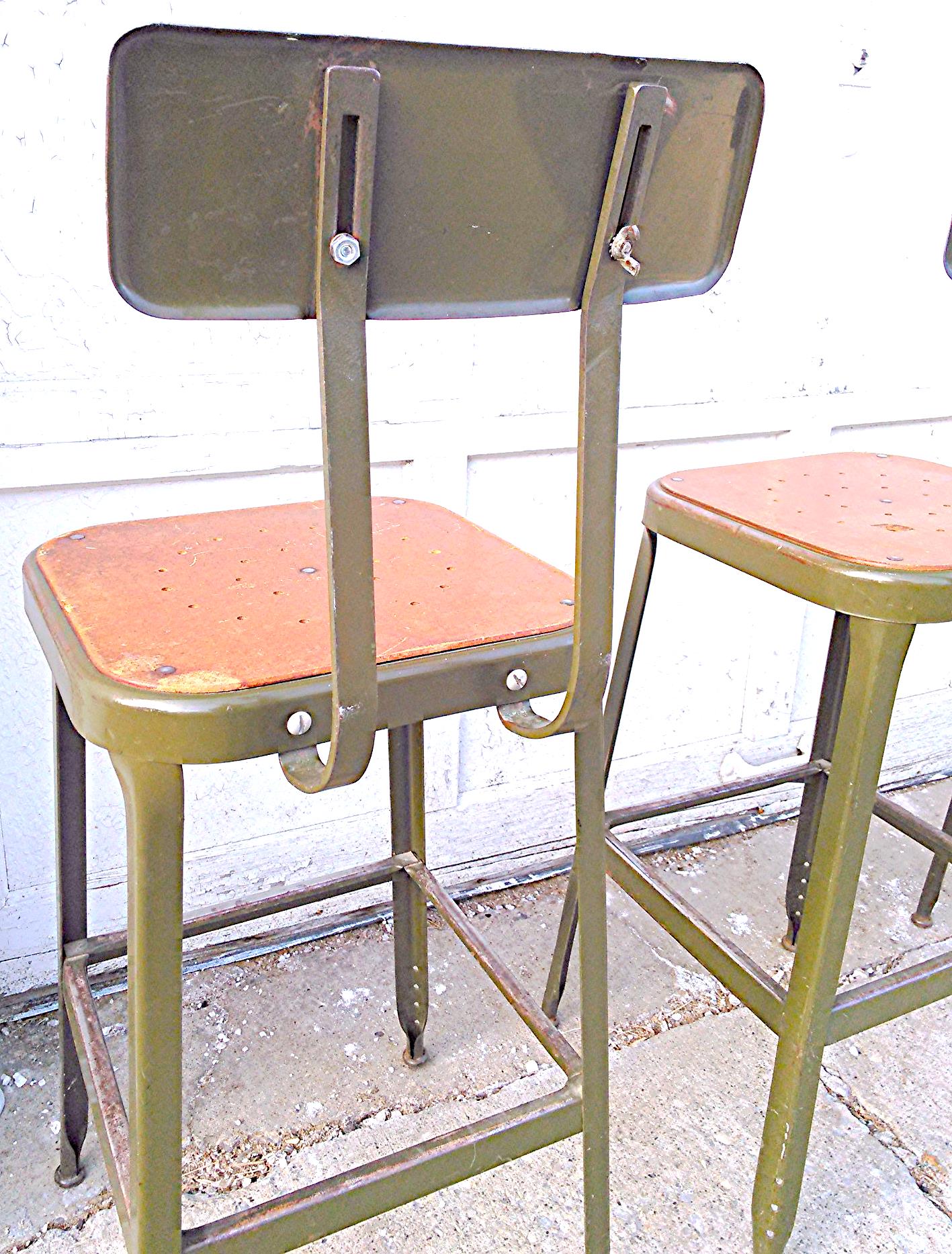 VINTAGE GREEN LYON STOOL PRESSED DOVE GRAY WOOD OVER STEEL SEAT ADJUSTABLE BACK