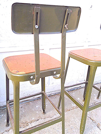 VINTAGE GREEN LYON STOOL PRESSED DOVE GRAY WOOD OVER STEEL SEAT ADJUSTABLE BACK