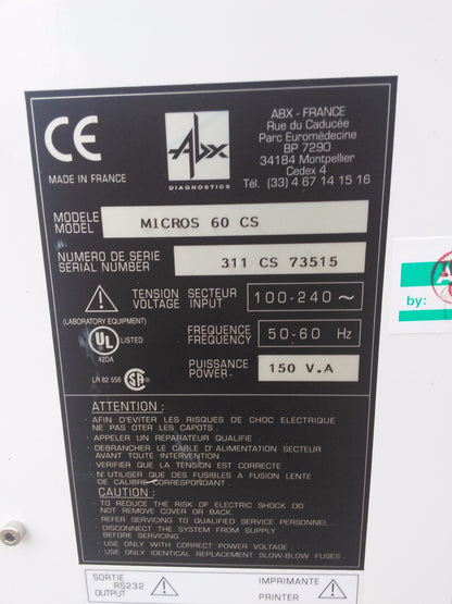 ABX Horiba Micros 60 CS Hematology Blood Analyzer & Ac Power Cable