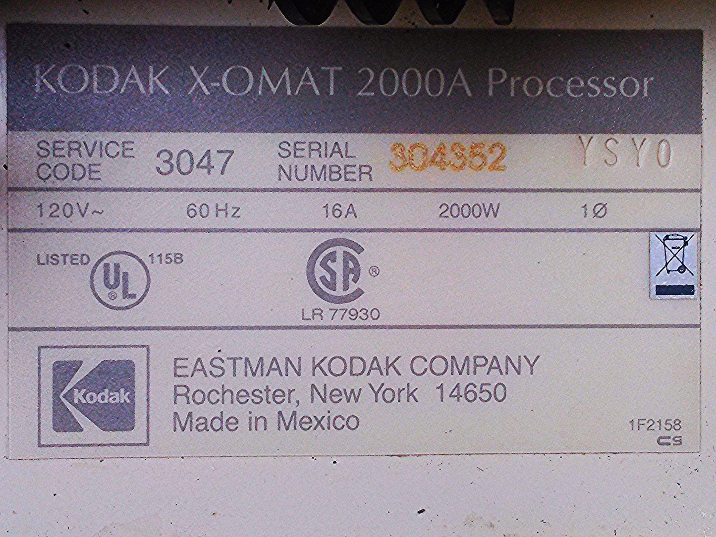 KODAK X-OMAT 2000A X-RAY FILM PROCESSOR