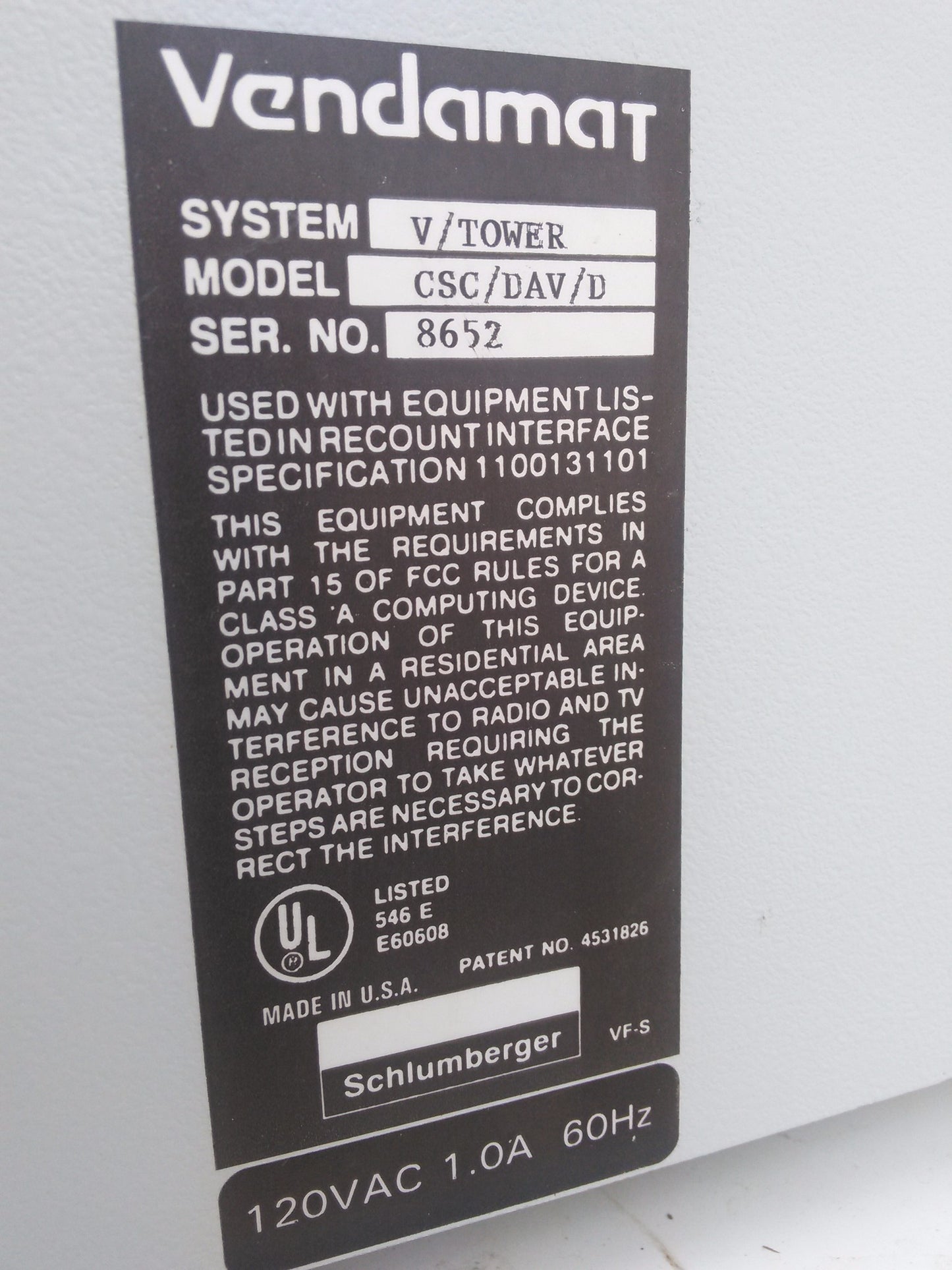 SCHLUBENGER VENDAMAT V/TOWER CSC/DAV/D VENDING BILL COPIER PRINTER MACHINE