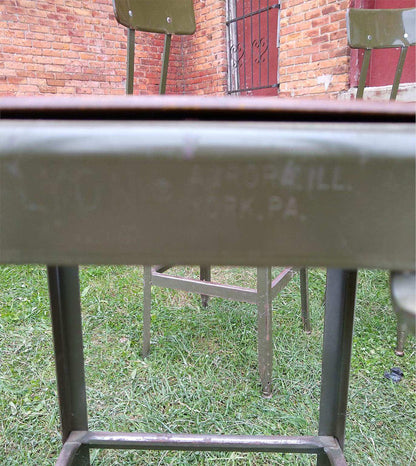 VINTAGE SET 4 GREEN LYON STOOL PRESSED DOVE GRAY WOOD STEEL ADJUST BACK FREESHIP