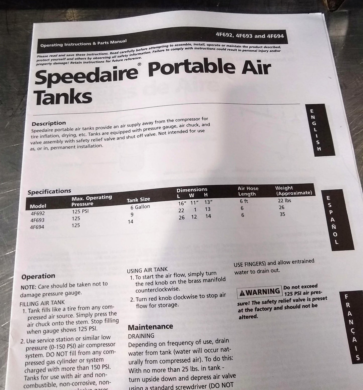 SPEEDAIRE MODEL 4F692 PORTABLE AIR TANK 125 PSI with INSTRUCTIONS FREE SHIPPING