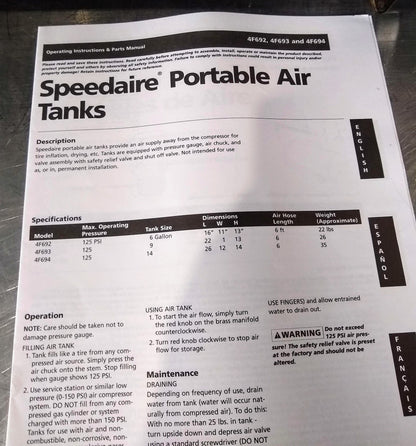 SPEEDAIRE MODEL 4F692 PORTABLE AIR TANK 125 PSI with INSTRUCTIONS FREE SHIPPING