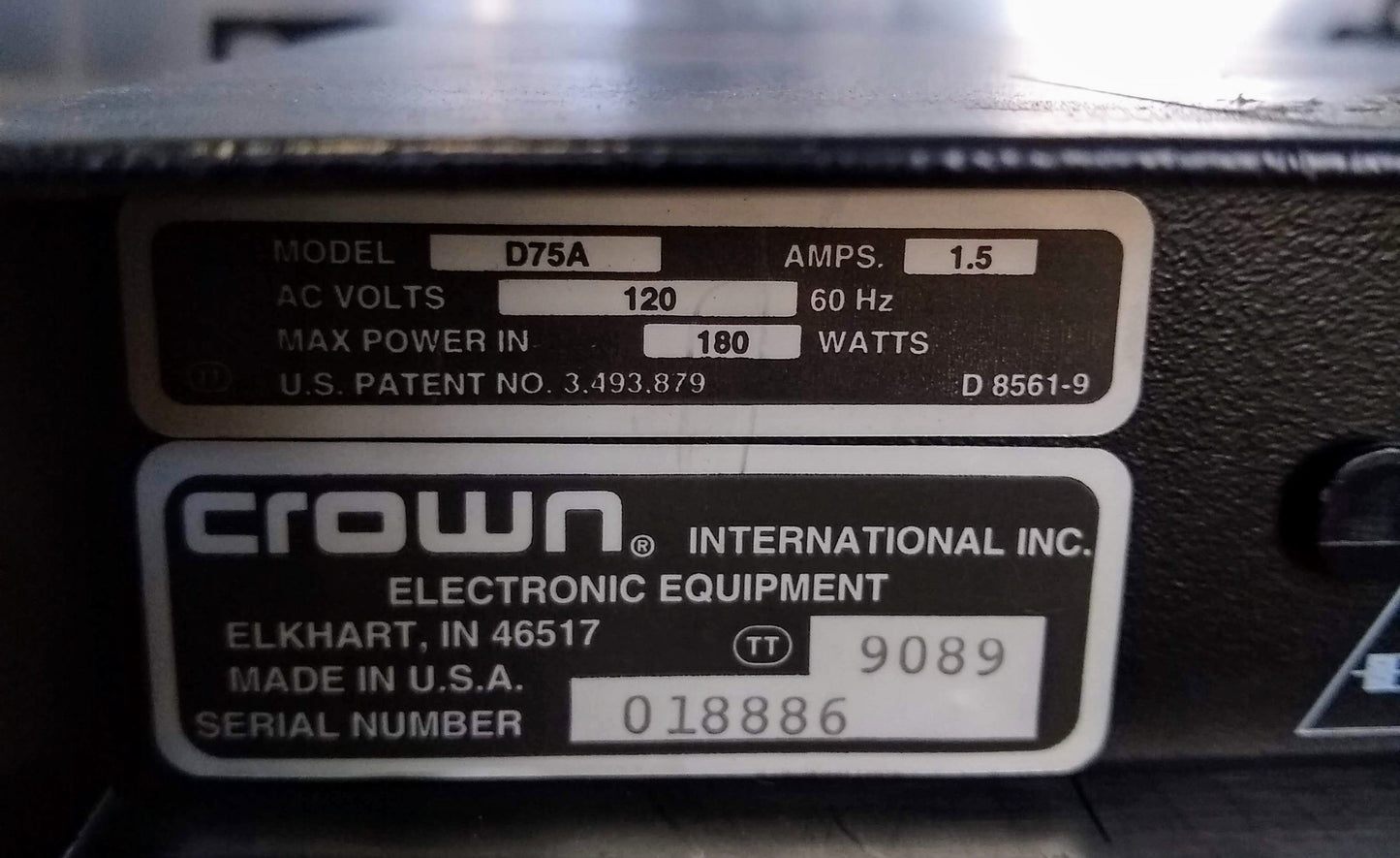 CROWN D75-A STEREO POWER AMPLIFIER 40W PER CHANNEL 8 OHMS  AMPLIFIER  FREE SHIP