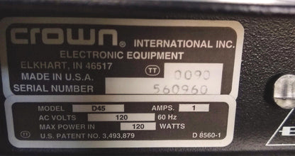 CROWN D45-A STEREO POWER AMPLIFIER 40W PER CHANNEL 8 OHMS  AMPLIFIER  FREE SHIP