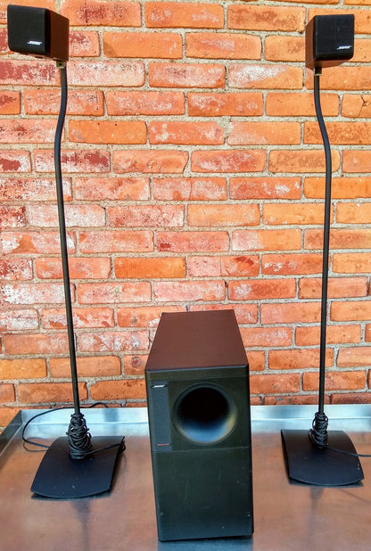 BOSE ACOUSTIMASS® 6 HOME ENTERTAINMENT & WOOFER TWO REDLINE CUBE SPEAKERS STANDS