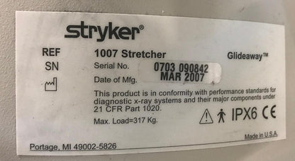 STRYKER 1007 GLIDEAWAY HOSPITAL EMERGENCY TRANSPORT GURNEY STRETCHER - FREE SHIP