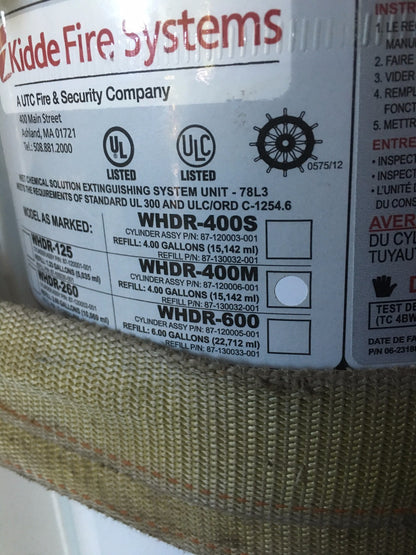 KIDDE WHDR WET CHEMICAL FIRE SYSTEM WHDR-260 WHDR-600 CYLINDER KITCHEN HOOD