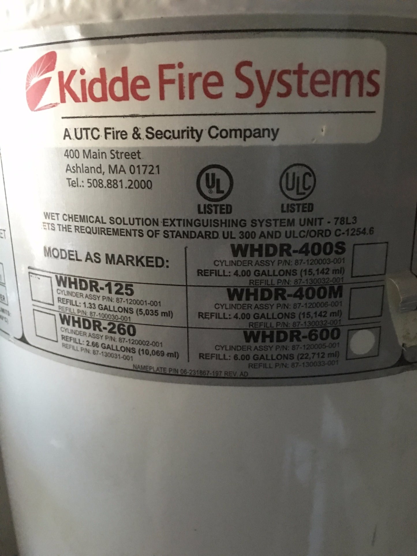 KIDDE WHDR WET CHEMICAL FIRE SYSTEM WHDR-260 WHDR-600 CYLINDER KITCHEN HOOD