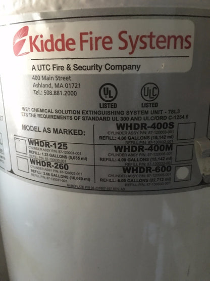 KIDDE WHDR WET CHEMICAL FIRE SYSTEM WHDR-260 WHDR-600 CYLINDER KITCHEN HOOD