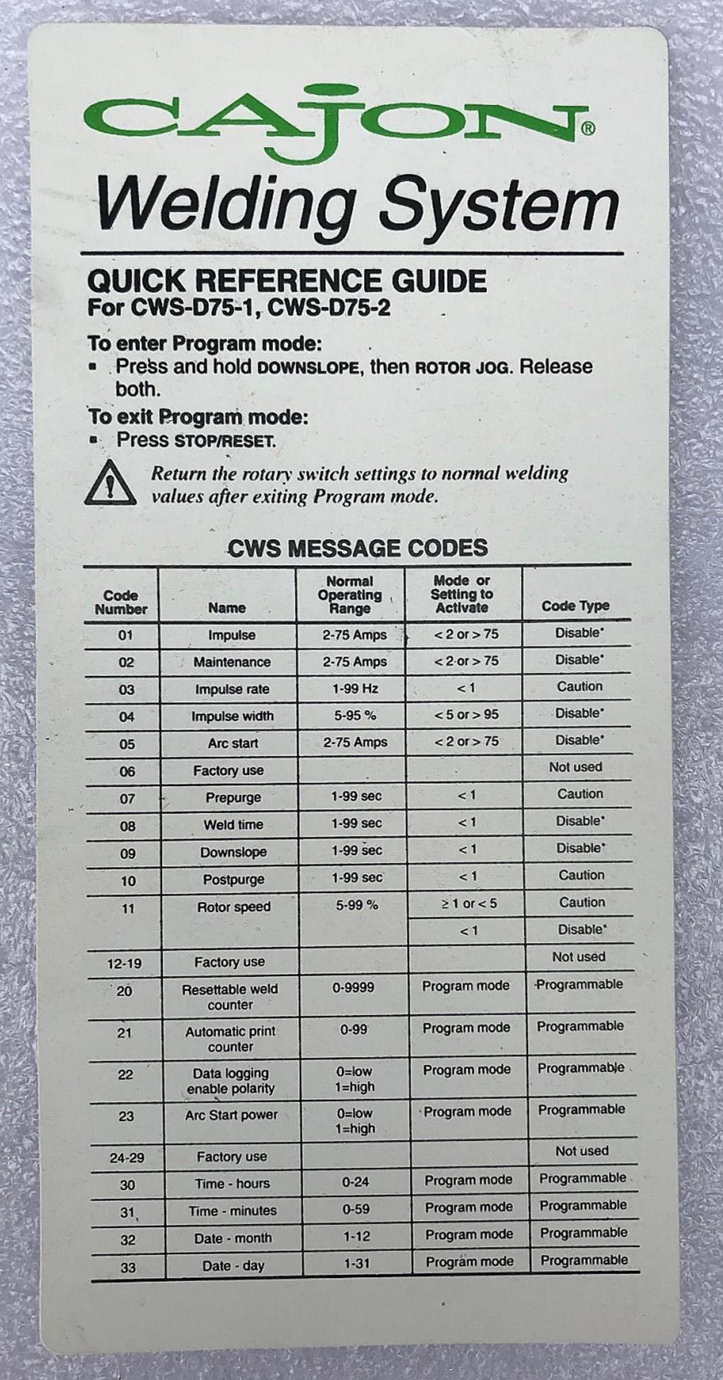 CAJON CWS-D75-1 SWAGELOK TUBE ARC ORBITAL PIPE WELDING POLYSOUDE SYSTEM WELDER