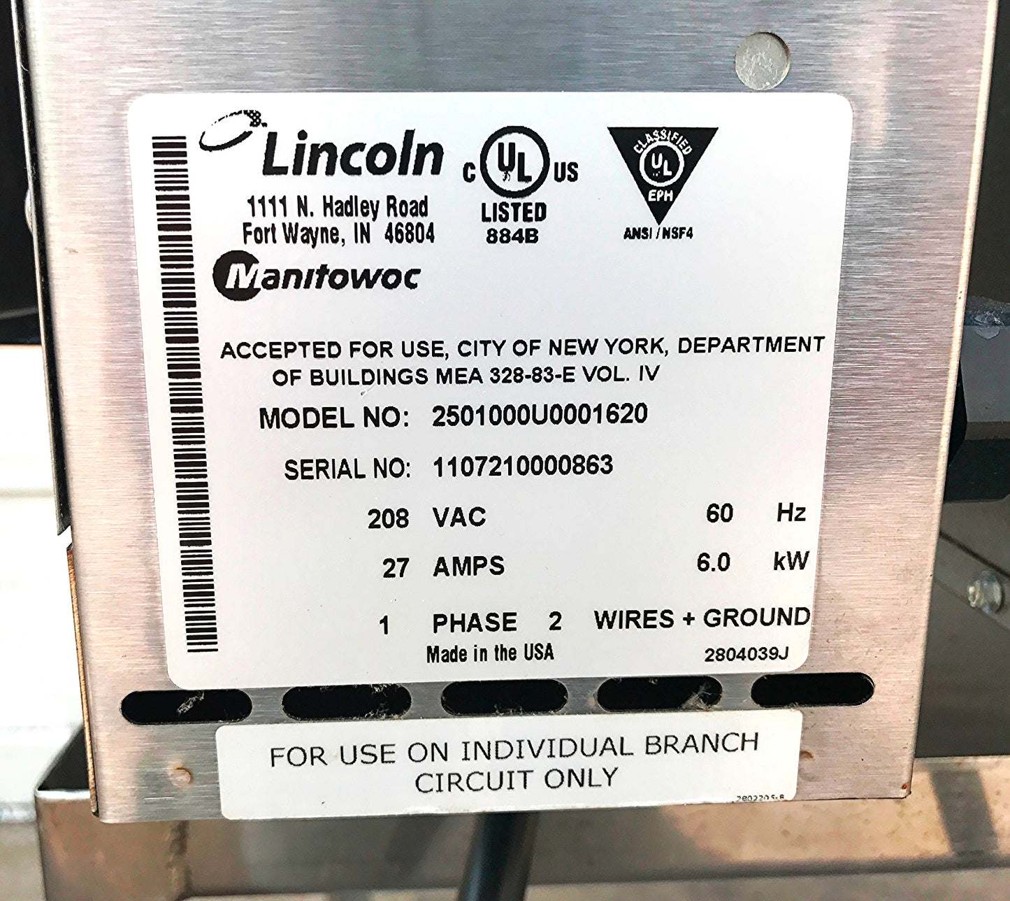 LINCOLN 2501 DIGITAL PIZZA CONVEYOR IMPINGER MANITOWOC OVEN MOD 2501000U0001620