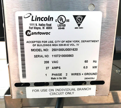 LINCOLN 2501 DIGITAL PIZZA CONVEYOR IMPINGER MANITOWOC OVEN MOD 2501000U0001620