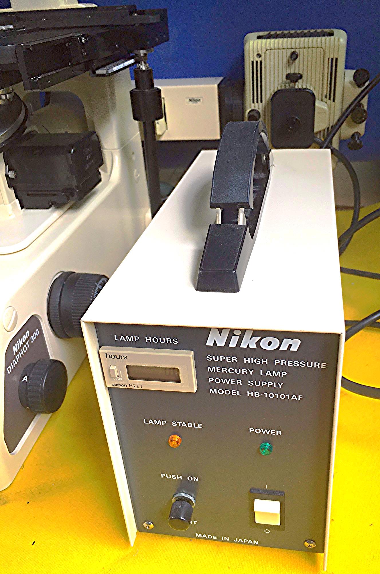 NIKON DIAPHOT 300 INVERTED PHASE CONTRAST FLUORESCENCE MICROSCOPE & POWER SUPPLY