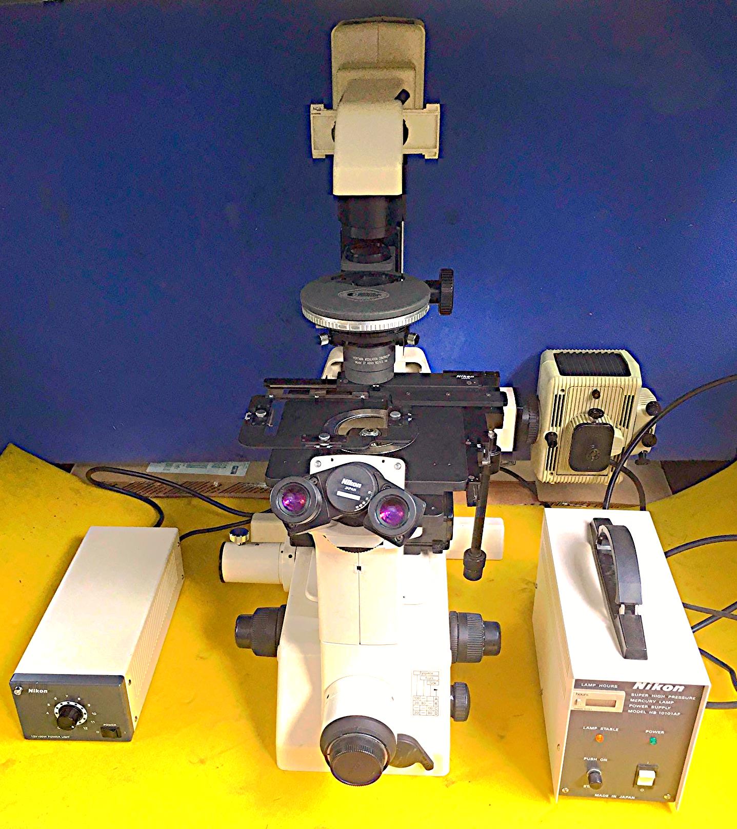 NIKON DIAPHOT 300 INVERTED PHASE CONTRAST FLUORESCENCE MICROSCOPE & POWER SUPPLY