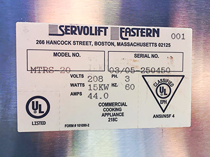 PIPER SERVOLIFT MTRS-20 RETHERMALIZER CABINET KITCHEN CONVECTION STEAMER WARMER