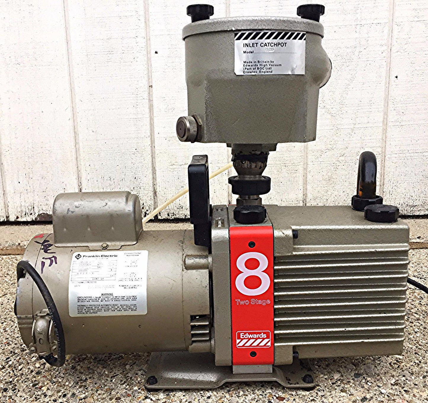 EDWARDS TWO STAGE E2M8 TRIVAC 8 VACUUM PUMP with ITC-20 INLET CATCHPOT FREE SHIP