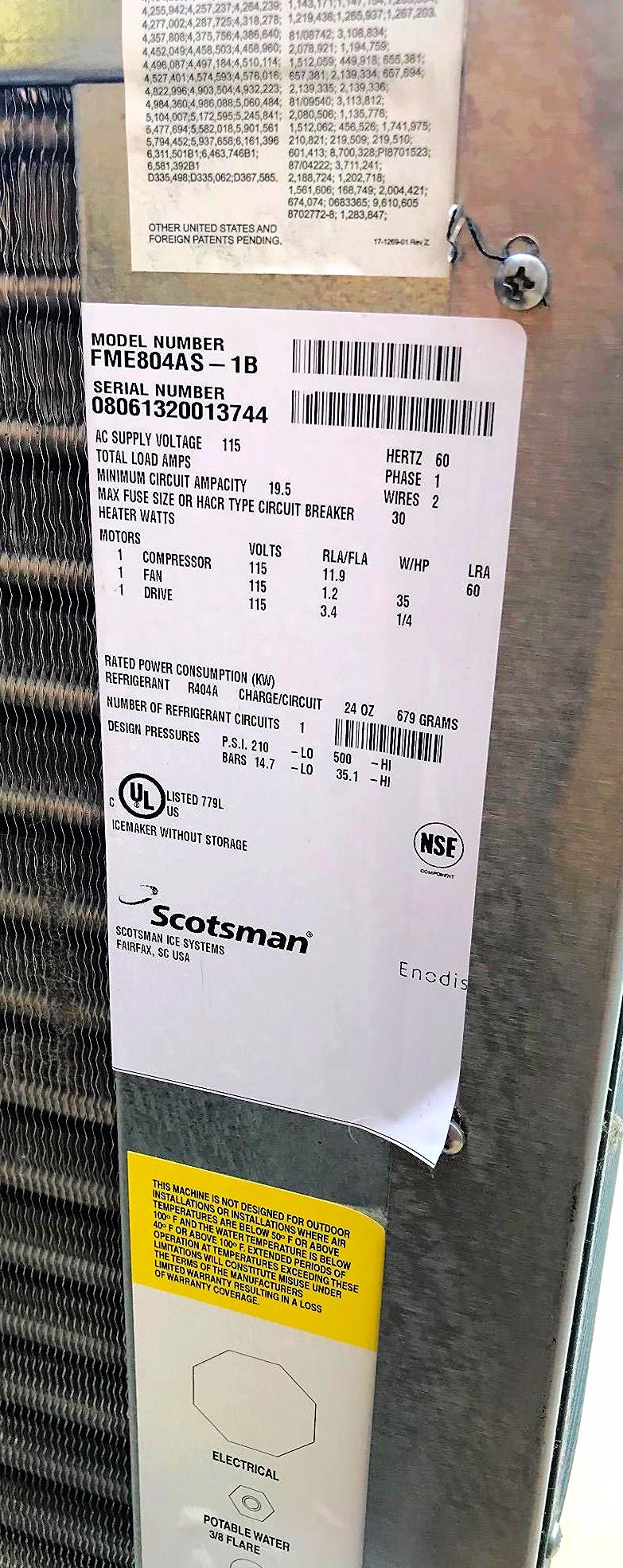 SCOTSMAN FME804AS-1B AIR COOLED FLAKER 760lbs ICEday ICE MAKER with BIN FREESHIP