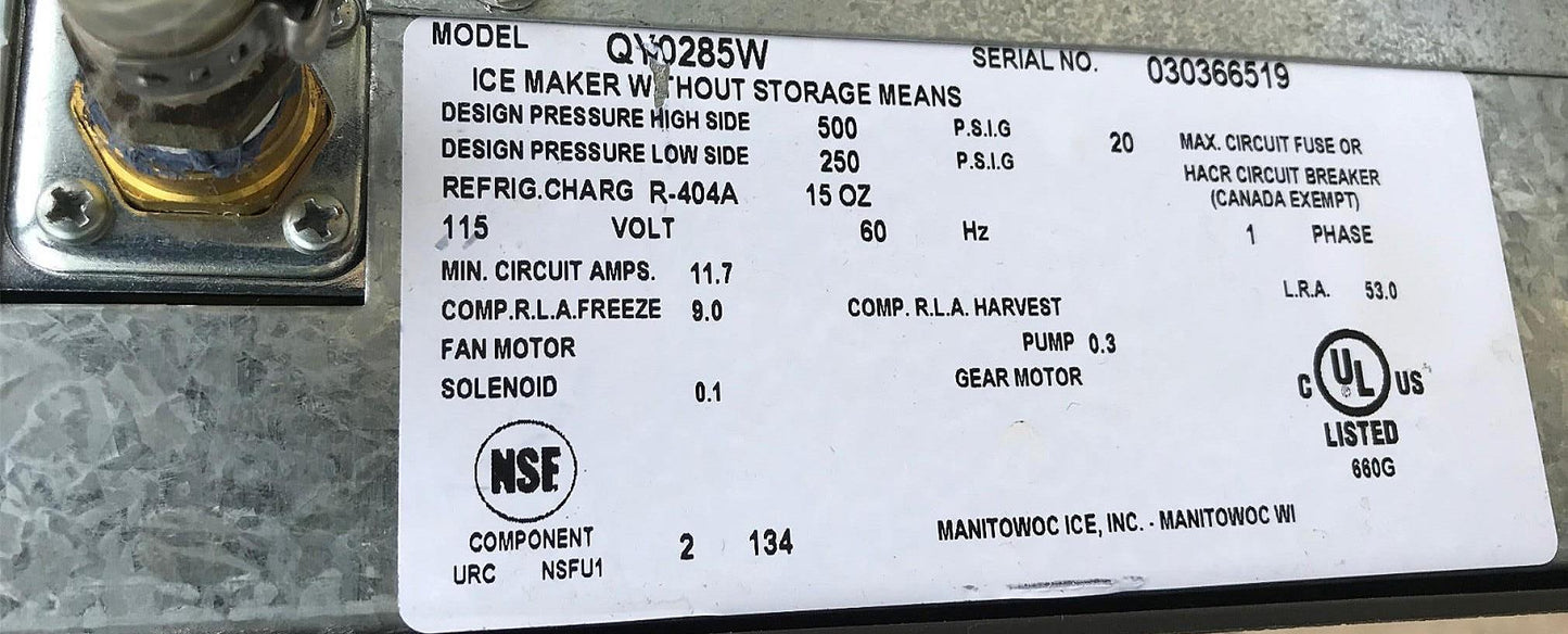 MANITOWOC QY0285W 285lbs/Day HALF DICE WATER COOLED ICE MAKER S400 BIN FREE SHIP