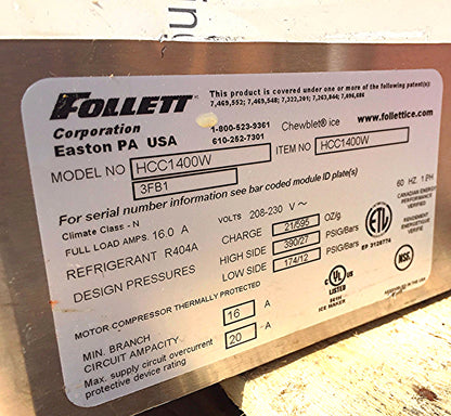 FOLLETT HORIZON IM HORIZON HCC1400W 3FBI CHEWBLET ICE MACHINE & MANUAL FREE SHIP