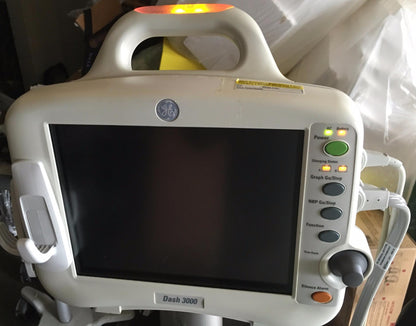GE DASH 3000 Vital Signs Monitor & STAND LEADS CUFF OXIMETER PRINTER WATCHVIDEO