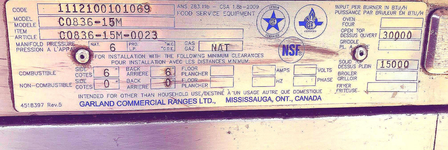 GARLAND US RANGE NATURAL GAS MODEL C0836-15M FRENCH TOP FREE BUSINESS USA SHIP