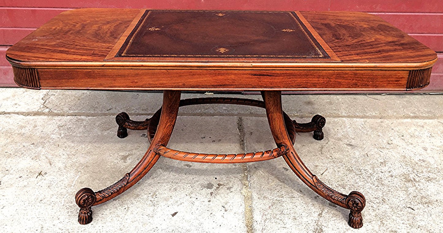 VINTAGE 40s HAND MADE TABLE LEATHER INSERT CARVED OAK CARVING DESIGN  FREESHIP