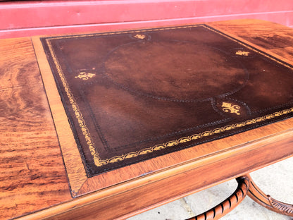 VINTAGE 40s HAND MADE TABLE LEATHER INSERT CARVED OAK CARVING DESIGN  FREESHIP