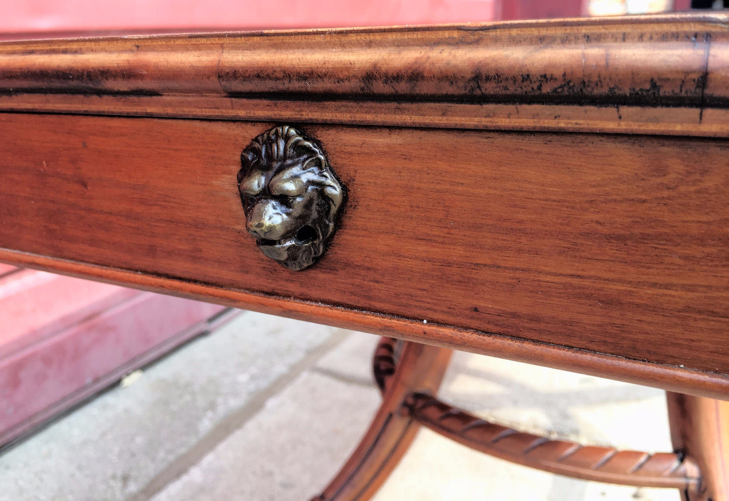 VINTAGE 40s HAND MADE TABLE LEATHER INSERT CARVED OAK CARVING DESIGN  FREESHIP