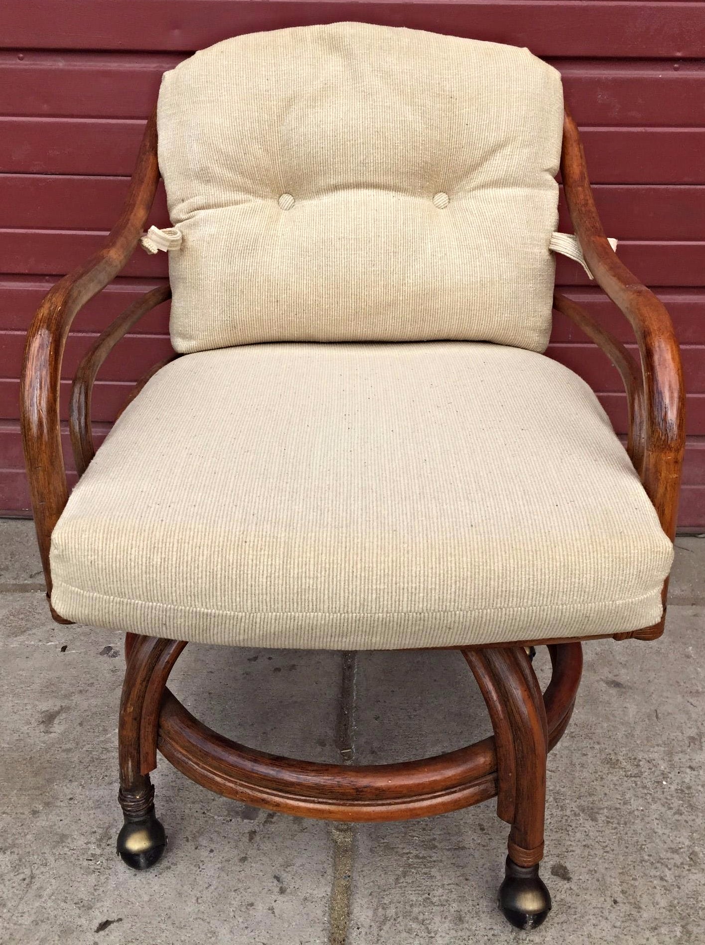 Pair Vintage LANE VENTURE Rattan Swivel Chairs Cushions David Hicks Era FREESHIP