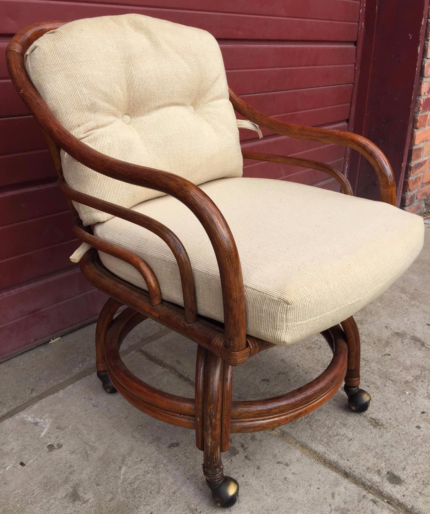 Pair Vintage LANE VENTURE Rattan Swivel Chairs Cushions David Hicks Era FREESHIP