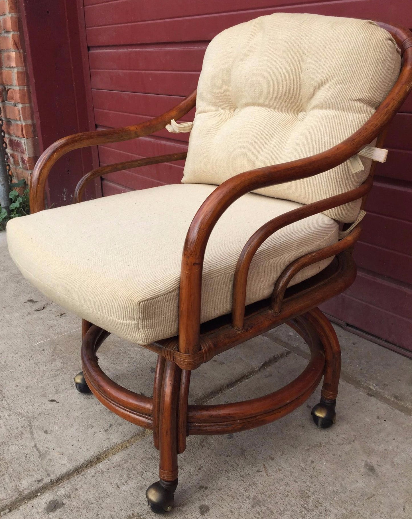 Pair Vintage LANE VENTURE Rattan Swivel Chairs Cushions David Hicks Era FREESHIP