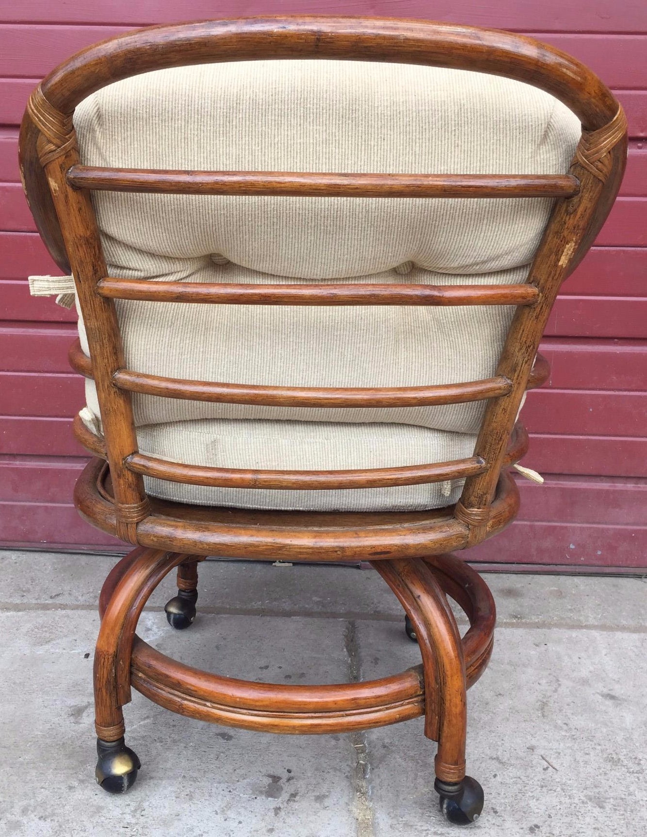 Pair Vintage LANE VENTURE Rattan Swivel Chairs Cushions David Hicks Era FREESHIP
