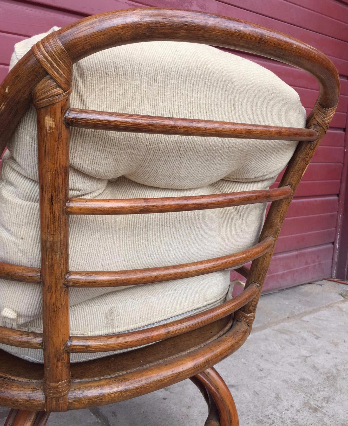 Pair Vintage LANE VENTURE Rattan Swivel Chairs Cushions David Hicks Era FREESHIP