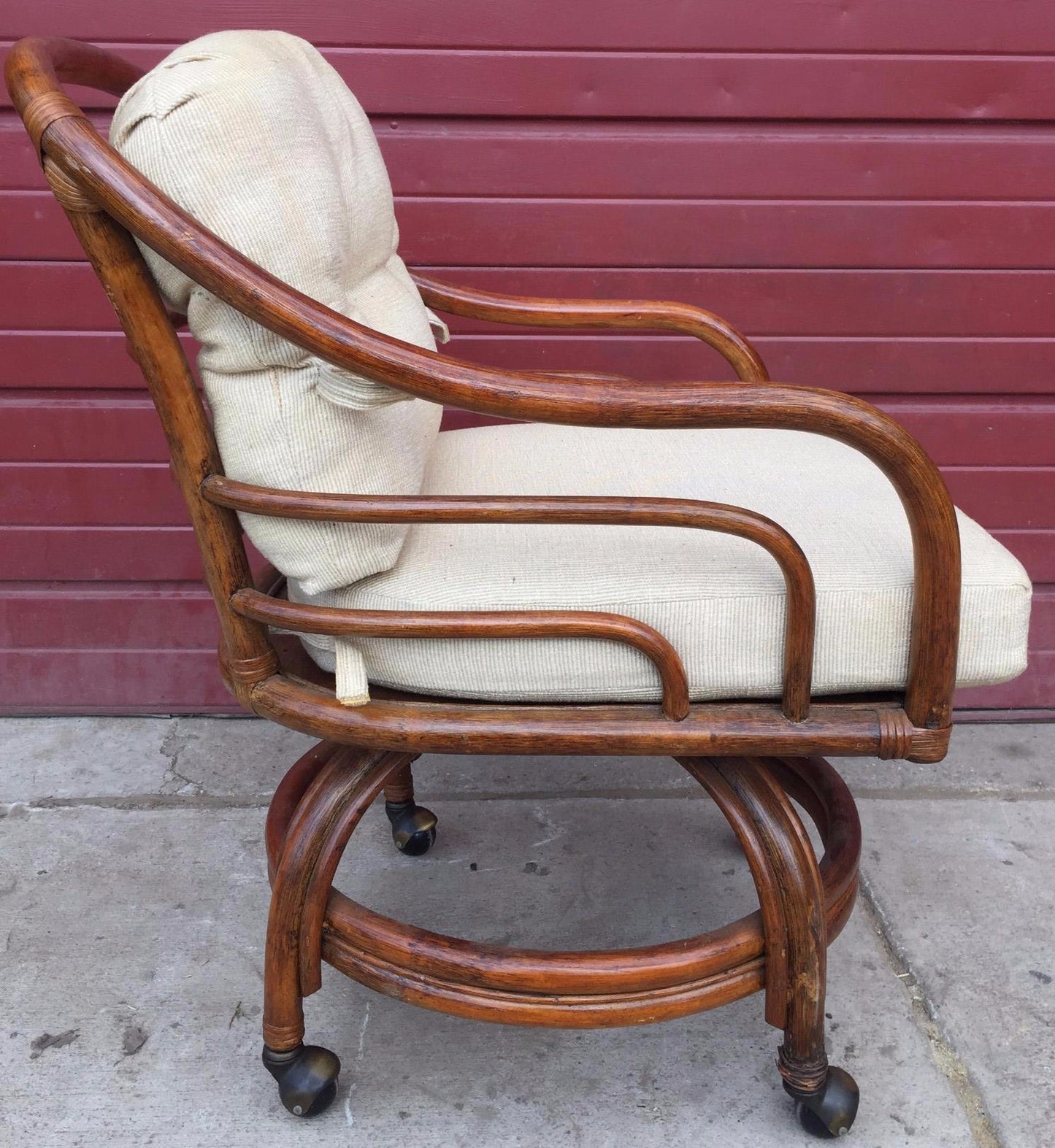 Pair Vintage LANE VENTURE Rattan Swivel Chairs Cushions David Hicks Era FREESHIP