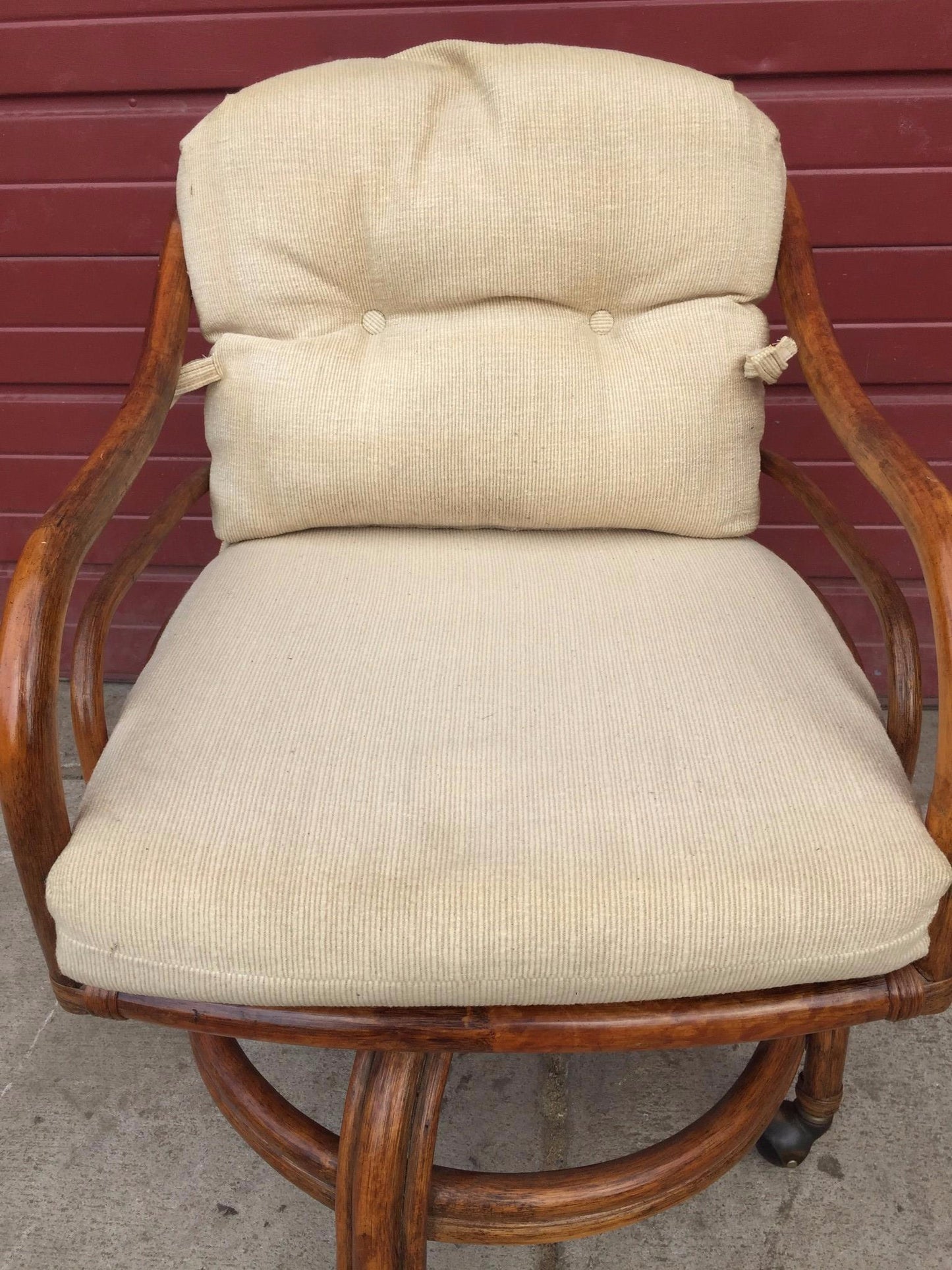 Pair Vintage LANE VENTURE Rattan Swivel Chairs Cushions David Hicks Era FREESHIP