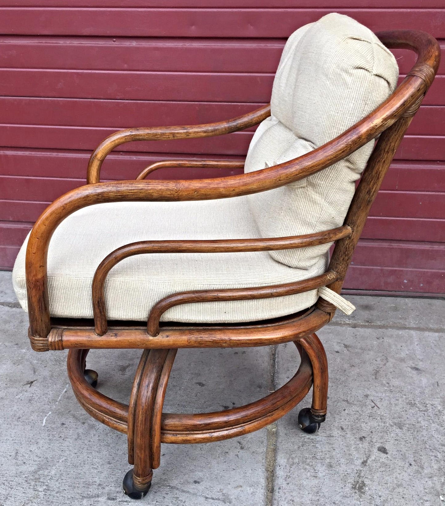 Pair Vintage LANE VENTURE Rattan Swivel Chairs Cushions David Hicks Era FREESHIP