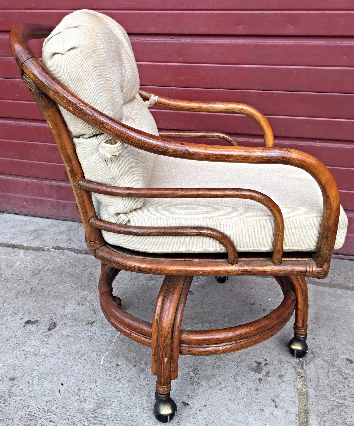 Pair Vintage LANE VENTURE Rattan Swivel Chairs Cushions David Hicks Era FREESHIP