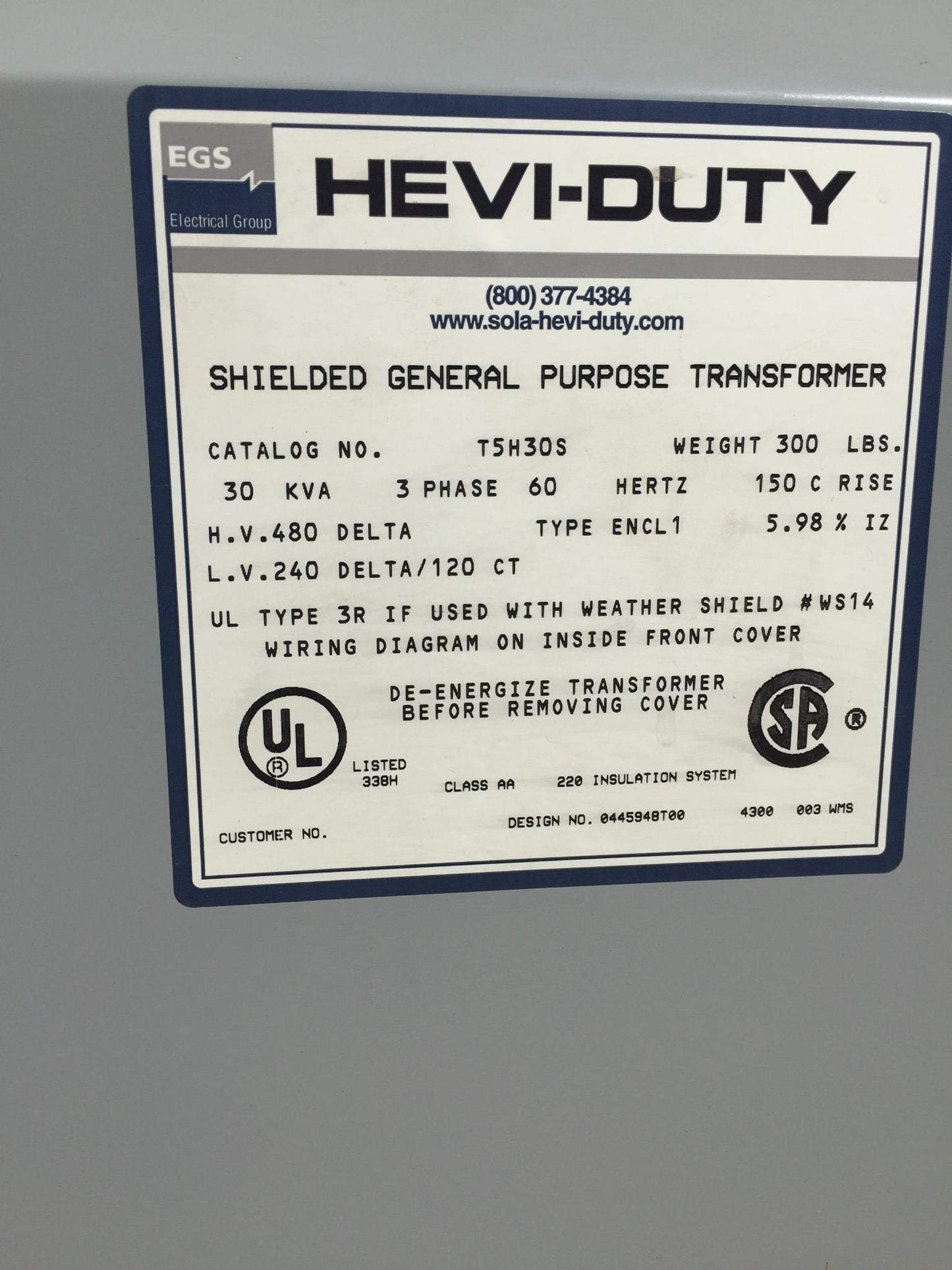 EGS HEVI-DUTY T5H30S SHIELDED TRANSFORMER 3PH 30KVA HV480 240/120 DELTA FREESHIP