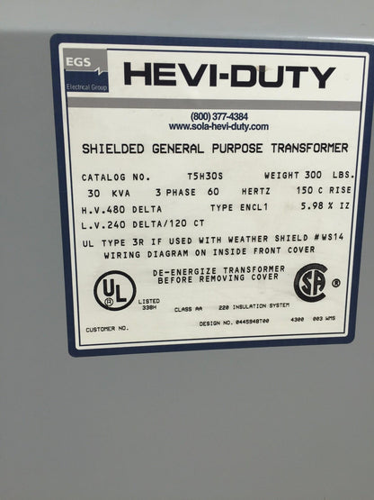 EGS HEVI-DUTY T5H30S SHIELDED TRANSFORMER 3PH 30KVA HV480 240/120 DELTA FREESHIP