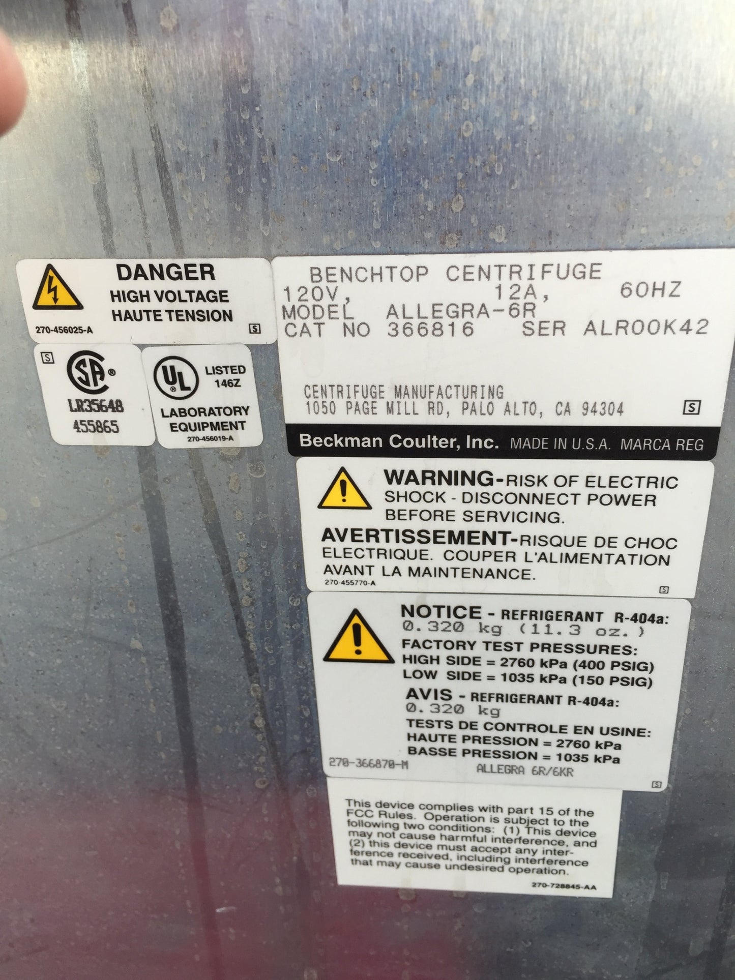 BECKMAN COULTER ALLEGRA R6 CENTRIFUGE w/ GH-3.8 Rotor & Buckets