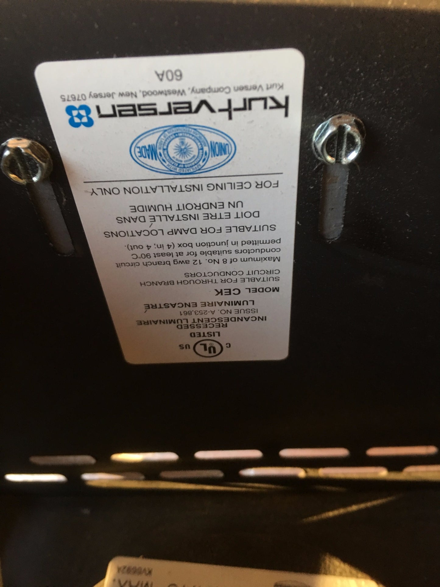 KURT VERSEN MODEL CEK RECESSED INCANDESCENT CEILING LIGHT FREESHIP