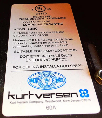 KURT VERSEN MODEL CEK RECESSED INCANDESCENT CEILING LIGHT FREESHIP