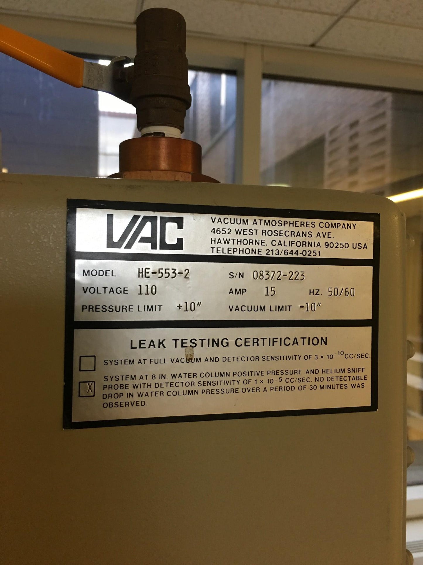 VAC HE-553-2 VACUUM ATMOSPHERES GLOVE BOX DRI-LAB M0-40-2H PUMP PURIFIER FREESHP